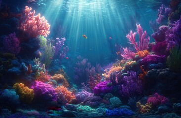 Fototapeta premium A breathtaking and lovely underwater world teeming with corals, fish, a scuba diver, and sunlight