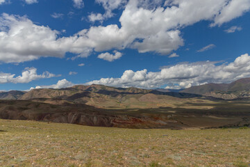 Altai Mars number one (multicolored mountains). Kyzyl Chin valley, also called as Mars valley. Chagan Uzun village, Altai republic, Russia. 