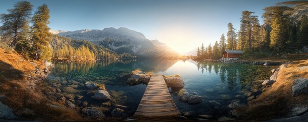 A stunning emerald lake featuring a wooden bridge and cabin, located near Cortina d'Ampezzo in the Dolomites, Italy