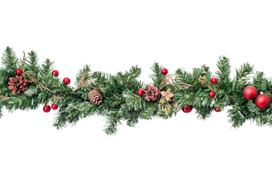 A Christmas garland, isolated on a transparent background, perfect for holiday decorations, festive designs, or seasonal-themed visuals.