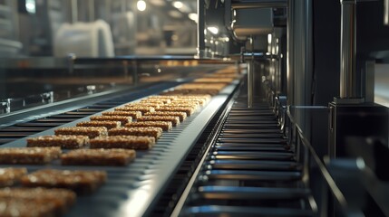 Fototapeta premium Conveyor Belt of Freshly Baked Granola Bars in a Factory
