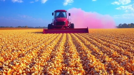 Red agricultural harvester machine harvesting golden cornfield on sunny day with blue sky and pink dust, perfect for farming, agriculture, harvest season, rural landscape backgrounds, productivity im