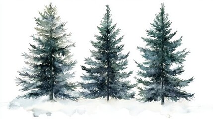 Obraz premium Watercolor Painting of Three Evergreen Trees in Winter Snow