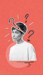 Vertical photo collage of woman and exclamation question mark isolated on painted background