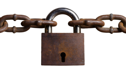 Close-up of a corroded padlock and metal chain, symbolizing security, barrier, or tension. PNG white transparent background