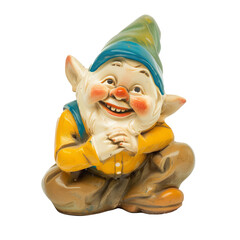 A charming garden gnome with a smile, isolated in white, white background, transparent background