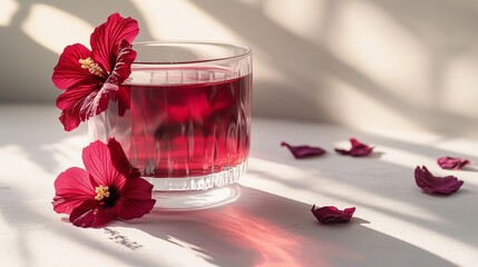 A glass cup filled with deep red hibiscus tea