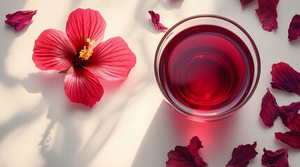 A glass cup filled with deep red hibiscus tea