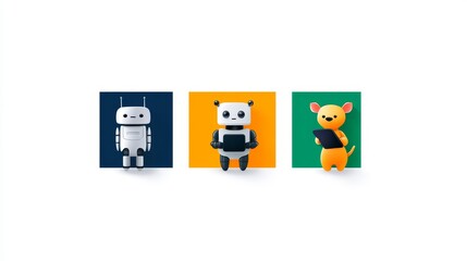 Three robots and a panda are holding a tablet