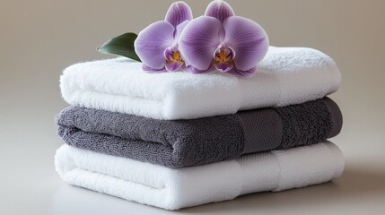 A neatly stacked arrangement of white, grey, and purple towels