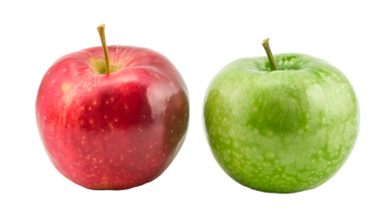 Juicy red and green apples side by side on a pristine background, perfect for illustrating contrasts, nutrition, and health-related concepts. PNG white transparent background