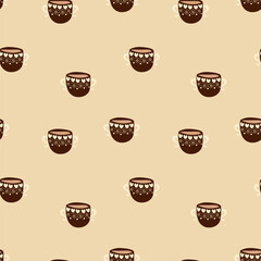 Seamless pattern with cups filled with coffee. The cups have hearts on them. Cups for Valentine's Day