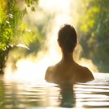 A serene woman enjoying a moment of relaxation in a warm steam bath surrounded by nature.