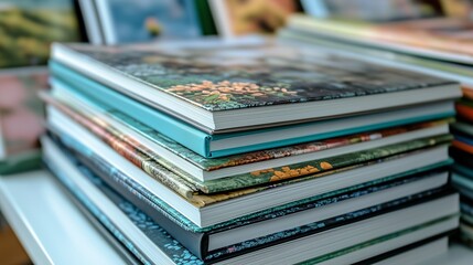 Photo albums piled on a white table creating books