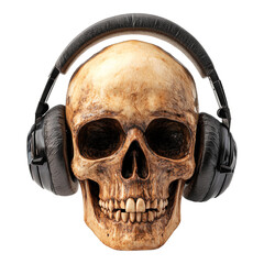 The skull wearing headphones set against a transparent background