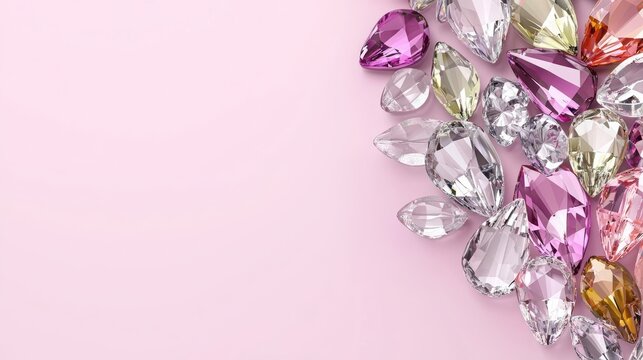 Colorful gemstones scattered on a soft pink background, perfect for jewelry themed designs and crafts.