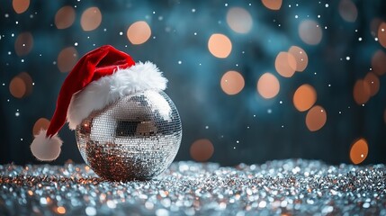 Silver disco ball wearing santa hat hanging on christmas tree