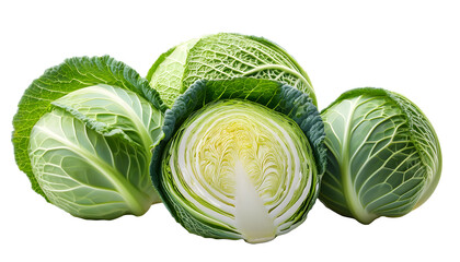 Fototapeta premium Close-up image of a whole green cabbage with a cut section showing intricate leaf patterns, presented on a clean white background. PNG transparent background