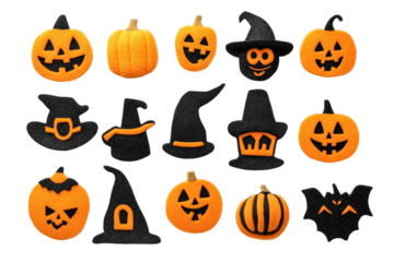 A felt Halloween set, isolated on a transparent background, featuring themed items such as pumpkins, ghosts, bats, or witches, perfect for Halloween, festive, or spooky-themed designs.