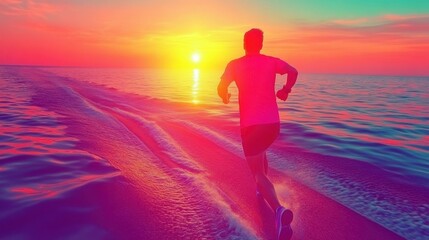 Man running on ocean shore during vibrant sunset, fitness exercise outdoors, healthy lifestyle background with colorful sky and water reflection, perfect for sports or motivational themes