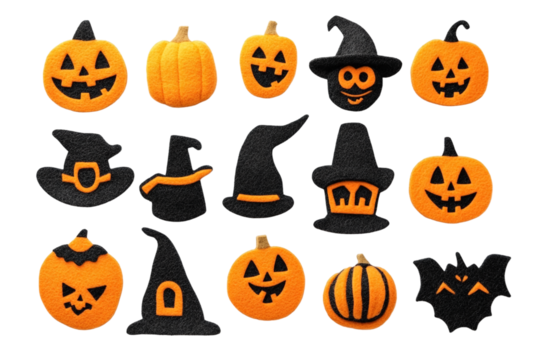 A felt Halloween set, isolated on a transparent background, featuring themed items such as pumpkins, ghosts, bats, or witches, perfect for Halloween, festive, or spooky-themed designs.