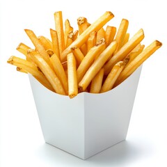 Vista minimalista de una porción de papas fritas en un recipiente blanco sobre fondo blanco