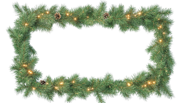 3D-rendered rectangular frame made of pine branches with ornaments and lights. Sharp HDR detail with no blur, isolated on a clean white background, perfect for festive and holiday designs.

