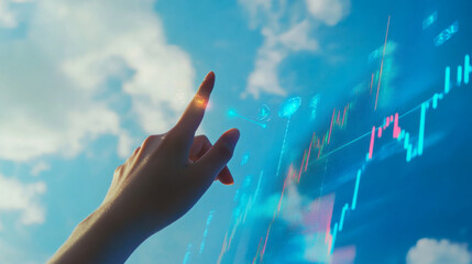 Investor analyzing financial data with stock market graphs against a bright blue sky in a modern city location