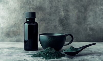 Dark Green Spirulina Powder with Bottle and Mug