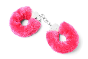 Bright fluffy handcuffs isolated on white. Sex toy