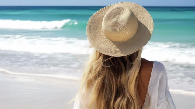 A blonde woman in a straw hat faces the beach with her long hair flowing with the breeze.
