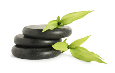 Spa stones and green leaves isolated on white