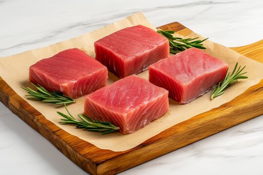 Deliciosos filetes de pescado crudo de at&uacute;n y pez espada sobre papel de pergamino con romero fresco