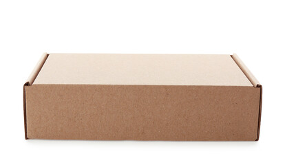 One closed cardboard box isolated on white. Mockup for design