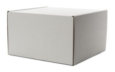 One closed cardboard box isolated on white. Mockup for design