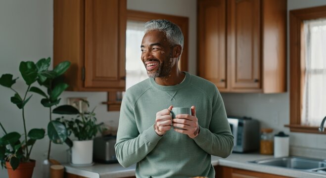 Mature african american man enjoying morning coffee in cozy kitchen setting