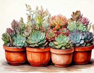 Fototapeta premium Watercolor succulents arranged in terracotta pots with gentle pastel shades