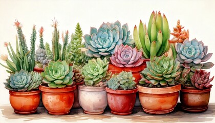 Fototapeta premium Watercolor succulents arranged in terracotta pots with gentle pastel shades