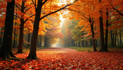 Obraz premium Golden sunlight filters through the trees in a forest path covered in autumn leaves