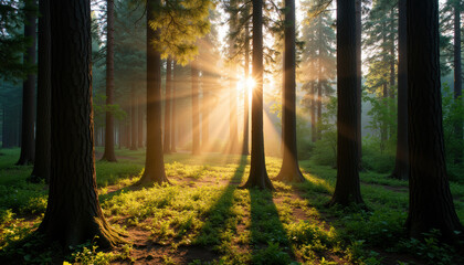 Obraz premium Sunrise in a Misty Forest: Golden Sunlight Beams Through the Trees