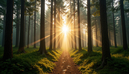 Fototapeta premium Sunlight streams through the trees in a misty forest, illuminating a path that leads into the distance