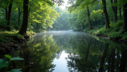 Obraz premium Serene Forest River: A Calm Stream Reflecting the Lush Greenery of a Peaceful Woodland