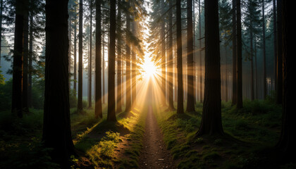 Obraz premium Sunlight Streaks Through a Forest Path: A Magical and Dreamy Woodland Landscape