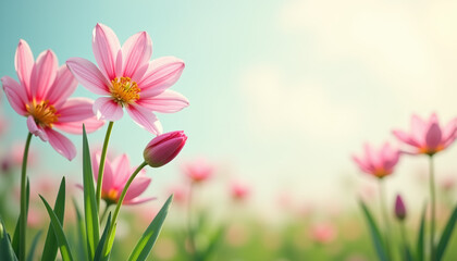 Obraz premium A field of pink flowers in bloom under a soft summer light. Soft pastel colors and a romantic atmosphere. 