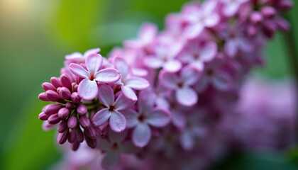 Close-up of delicate pink lilac blossoms with a soft, blurred background, perfect for floral designs, spring themes, and creating a romantic ambiance.