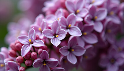 Close-up of delicate pink lilac blossoms with a soft, blurred background, perfect for floral designs, spring themes, and creating a romantic ambiance.
