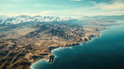 Fototapeta premium Aerial view of a dramatic coastline, where rugged mountains meet the deep blue ocean. The snow-capped peaks in the distance add a stunning contrast to the arid landscape.