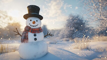 Obraz premium A cheerful snowman stands in a snowy winter landscape, wearing a top hat and a warm scarf. The sun sets in the background, casting a warm glow on the scene.