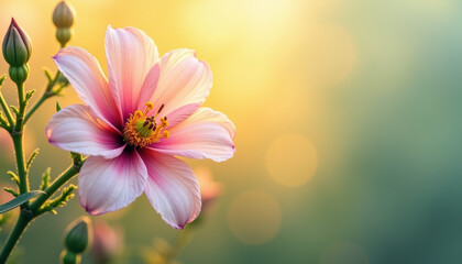 Fototapeta premium Pink flower in a field of flowers at sunset