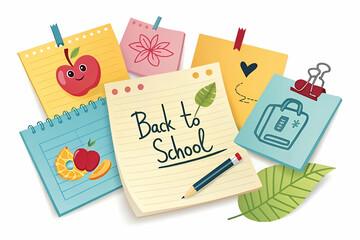 A colorful collection of sticky notes and drawings featuring a "Back to School" theme, highlighting school supplies and fun designs.